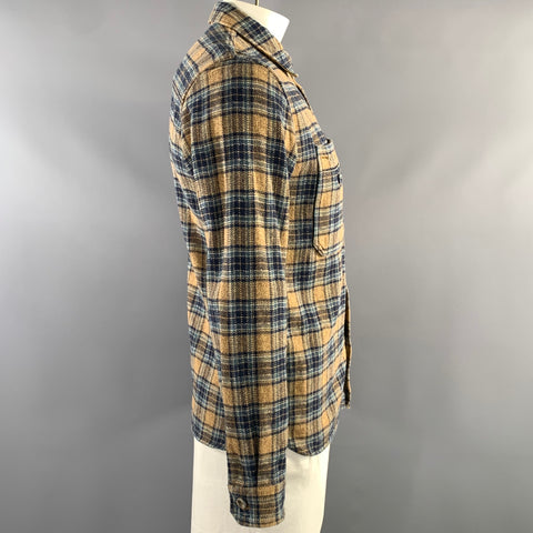 PURE BLUE JAPAN Size L Tan Blue Plaid Cotton Button Up Long Sleeve Shirt