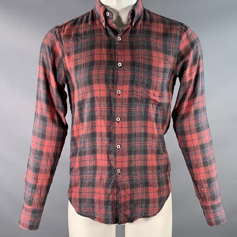 NAKED AND FAMOUS Size S Grey Burgundy Plaid Cotton One pocket Long Sleeve Shirt