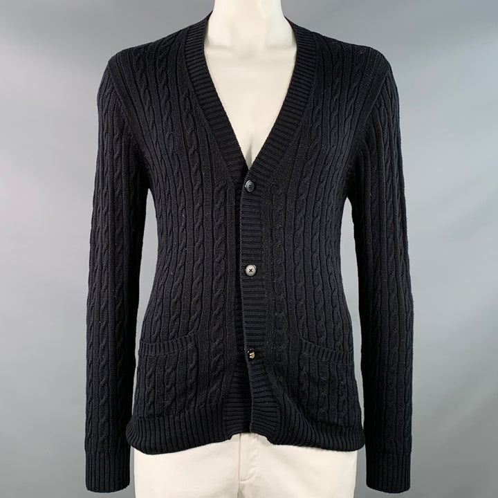 SERGIO DAVILA Size L Black Cable Knit Cotton V-Neck Cardigan