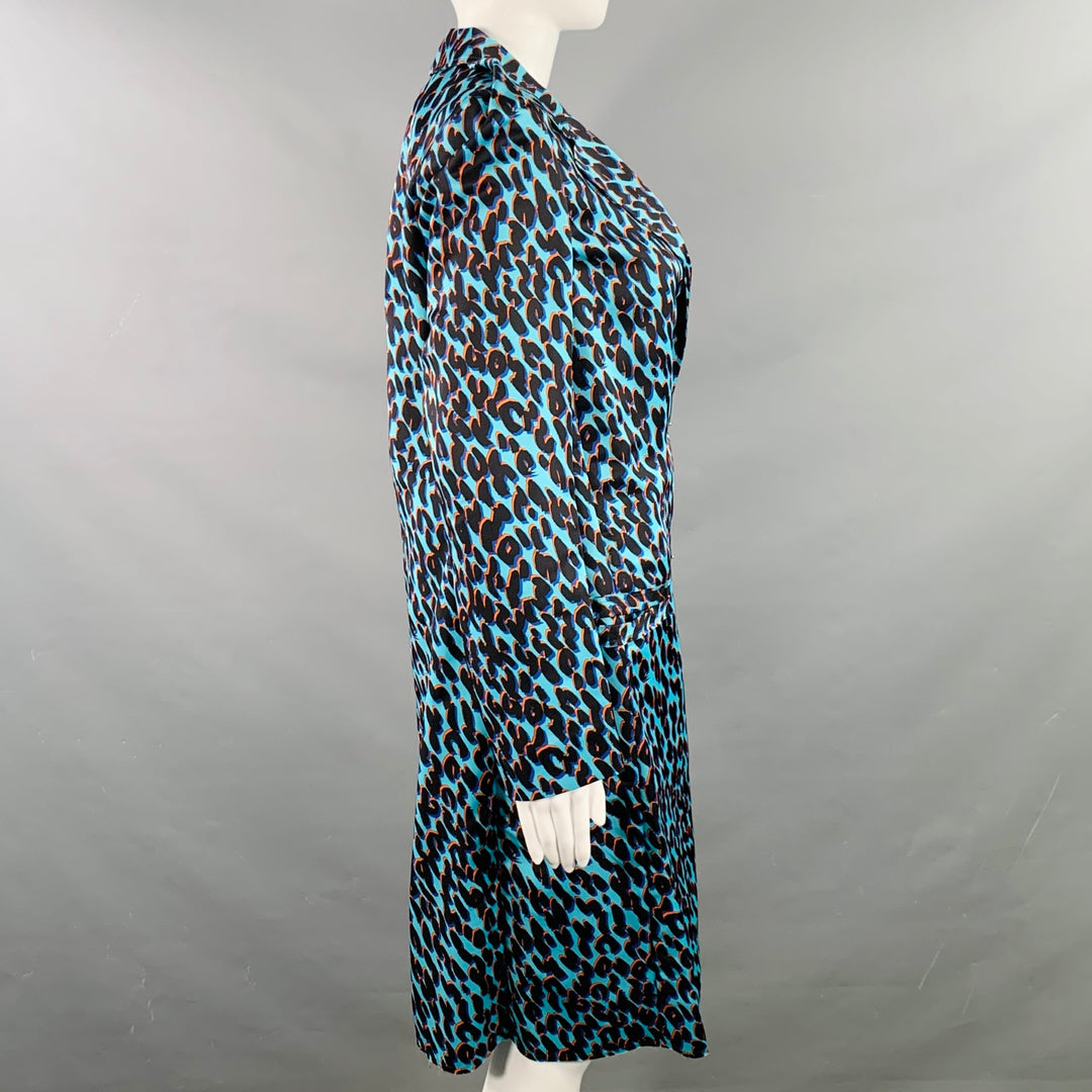 LANVIN Size M Blue Black Orange Silk Animal Print Hook Eye Closure Trenchcoat