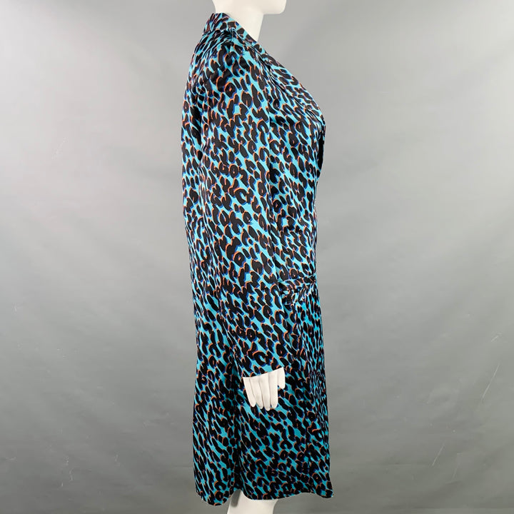 LANVIN Size M Blue Black Orange Silk Animal Print Hook Eye Closure Trenchcoat