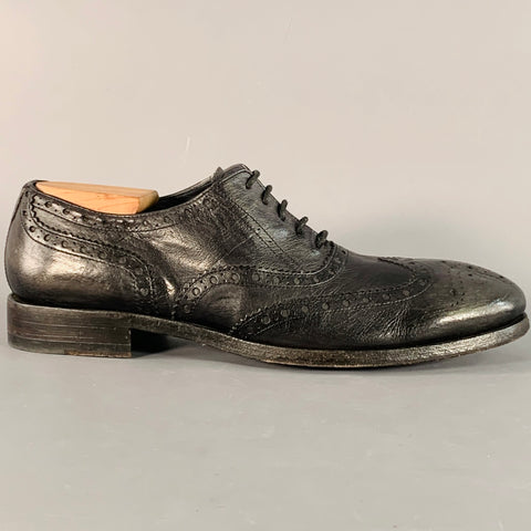 PAUL SMITH Size 10.5 Black Distressed Leather Wingtip Lace-Up Shoes
