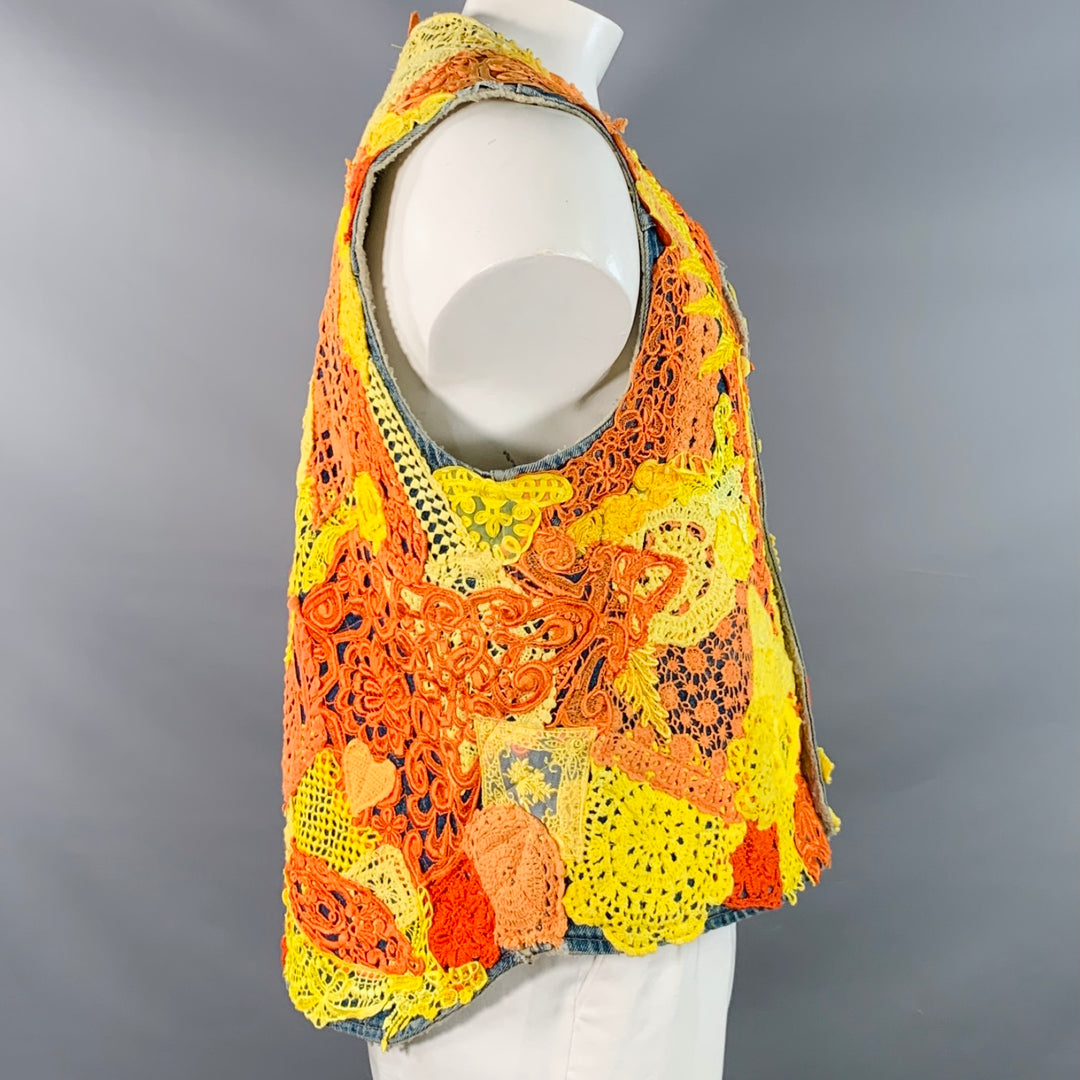 EARTHLING VIP Size XL Poetic Lust Blue Orange Yellow Lace Crochet Cotton Snaps Vest