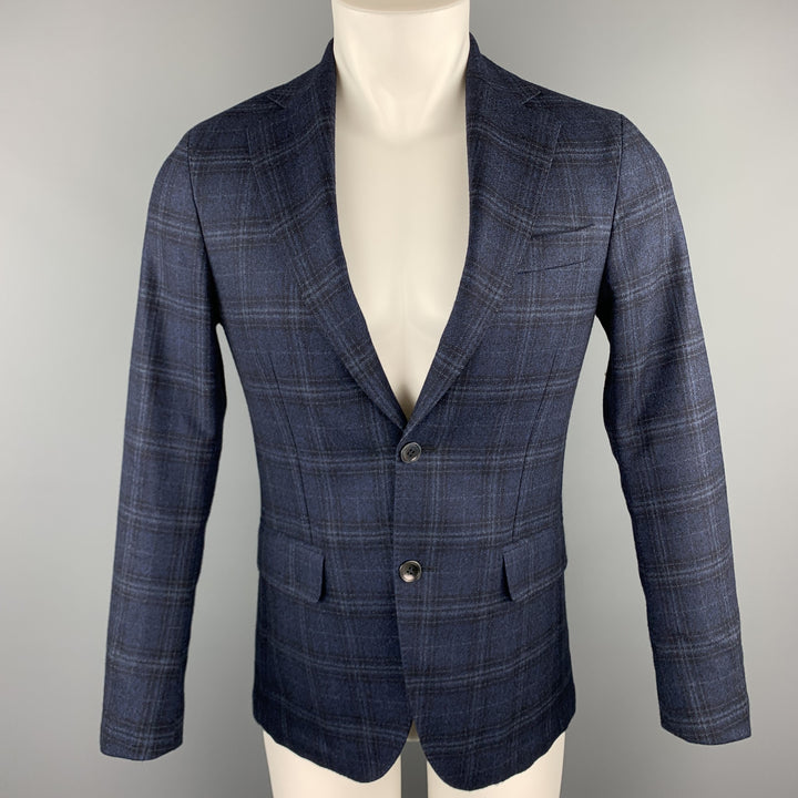 OSCAR JACOBSON Size 36 Navy Plaid Wool Notch Lapel Sport Coat