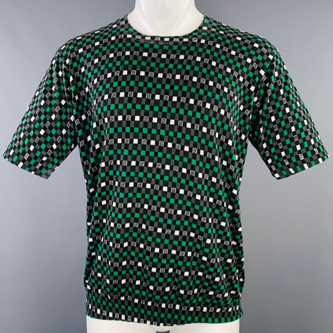 MARNI Size M Green Black Checkered Cotton Short Sleeve Pullover