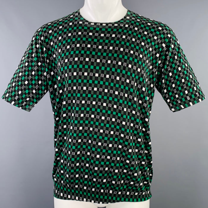 MARNI Size M Green Black Checkered Cotton Short Sleeve Pullover