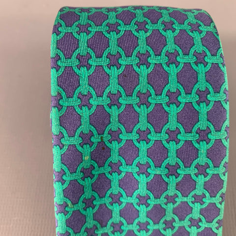 HERMES Navy Green Woven Chain Silk Tie