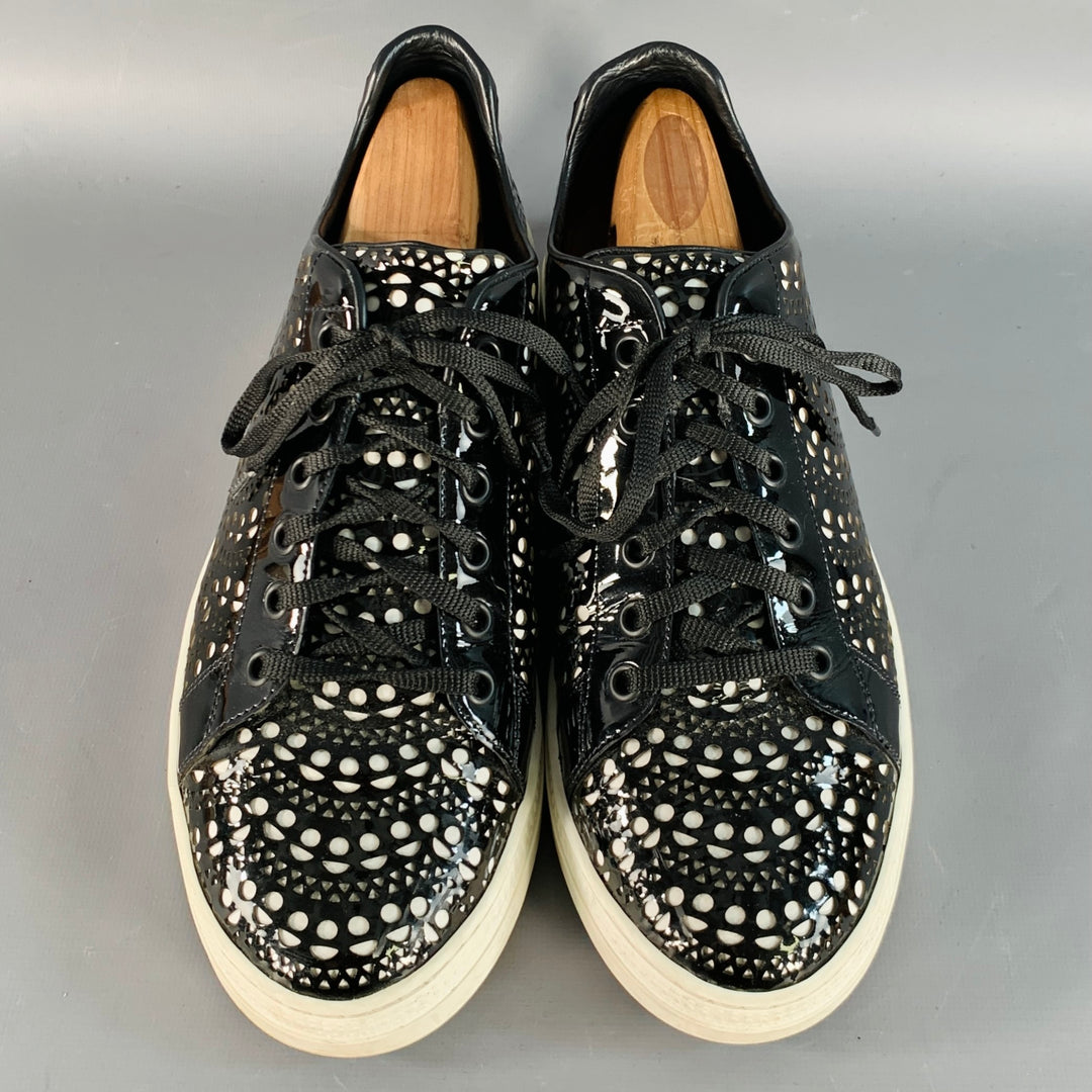 ALAIA Size 9 Black White Perforated Patent Leather Sneakers