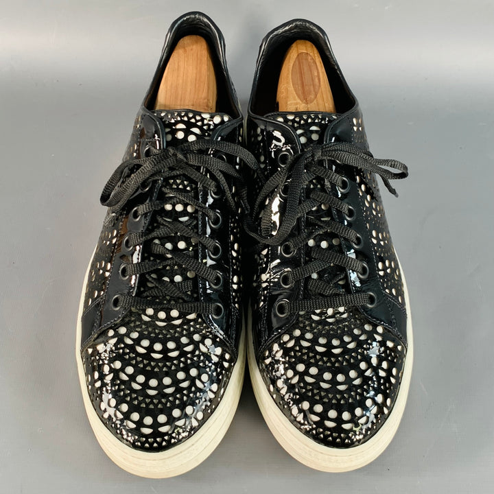 ALAIA Size 9 Black White Perforated Patent Leather Sneakers