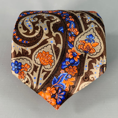 ERMENEGILDO ZEGNA Brown Orange Floral Paisley Silk Satin Tie
