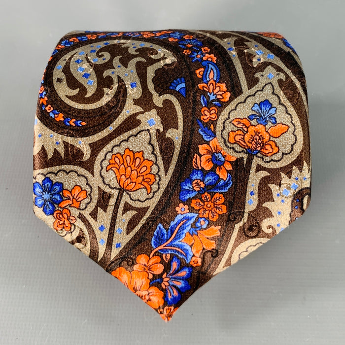 ERMENEGILDO ZEGNA Brown Orange Floral Paisley Silk Satin Tie