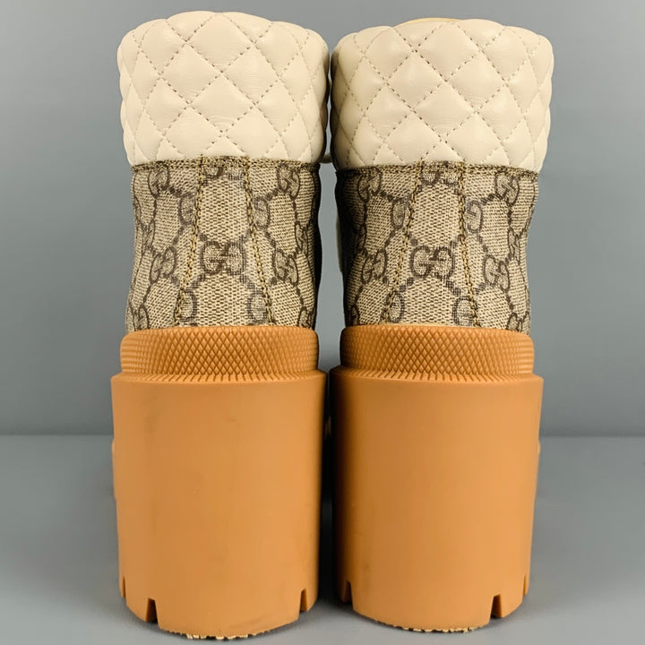 GUCCI Size 8 Cream Brown Leather Monogram Chunky Heel Boots