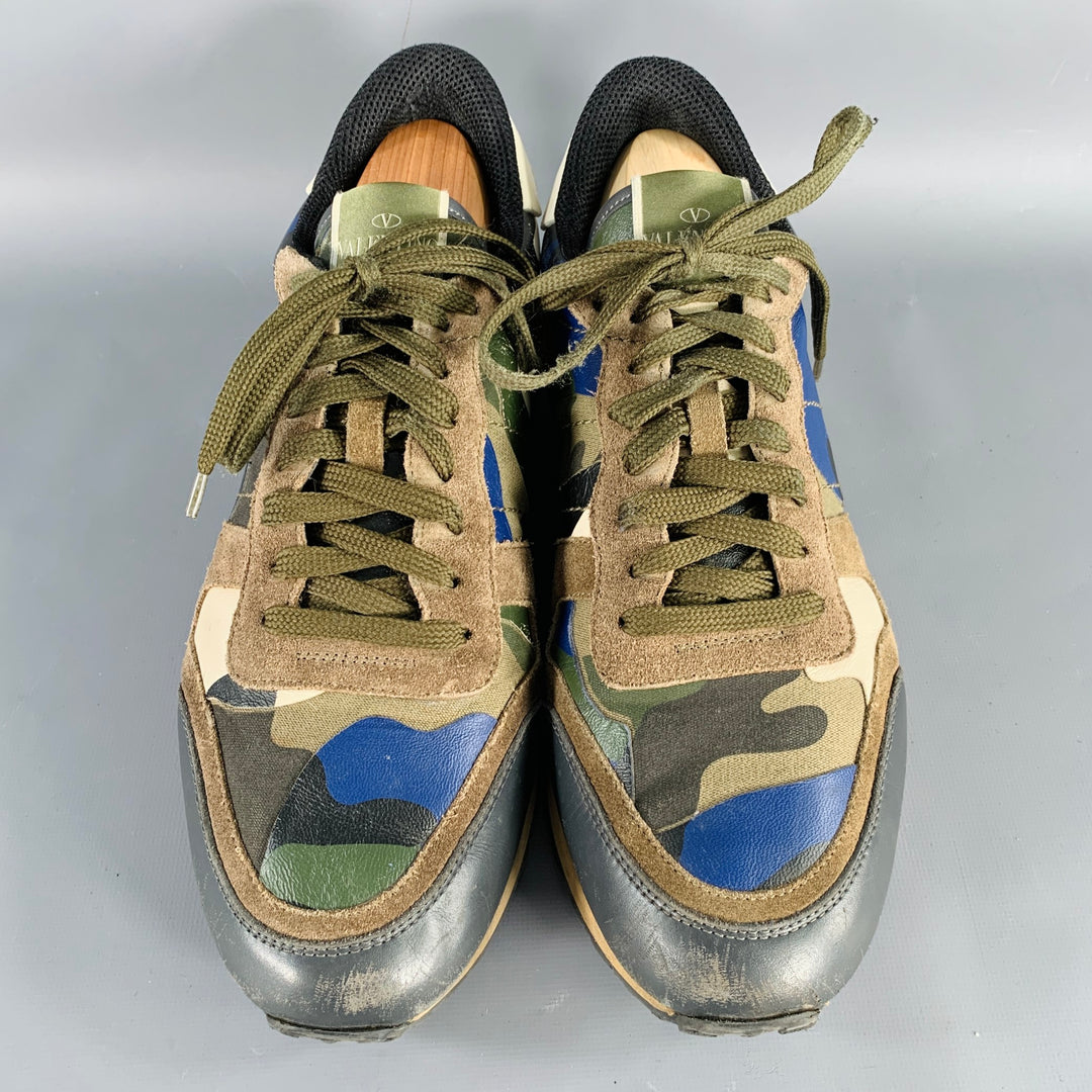VALENTINO Size 9.5 Blue Taupe Color Block Leather Rubber Sole Sneakers