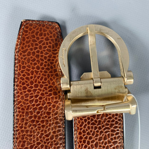 SALVATORE FERRAGAMO Size 34 Brown Black Pebble Grain Leather Belt