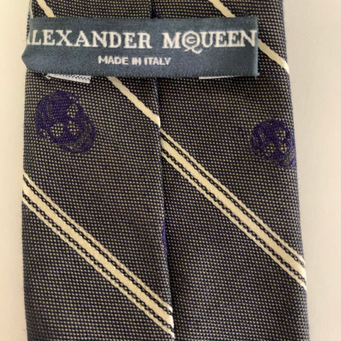 ALEXANDER MCQUEEN Grey White & Purple Mixed Pattern Cotton  Silk Tie