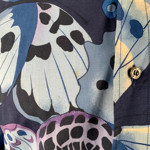 ETRO Size M Blue White Butterfly Cotton Long Sleeve Shirt