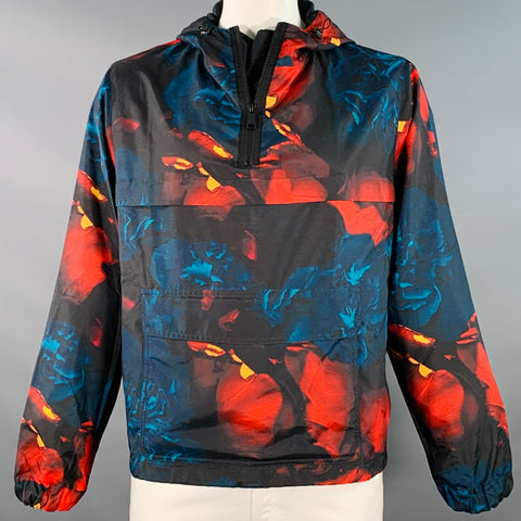 AMI by ALEXANDRE MATTIUSSI Size L Black Red Abstract Floral Hooded Pullover Jacket