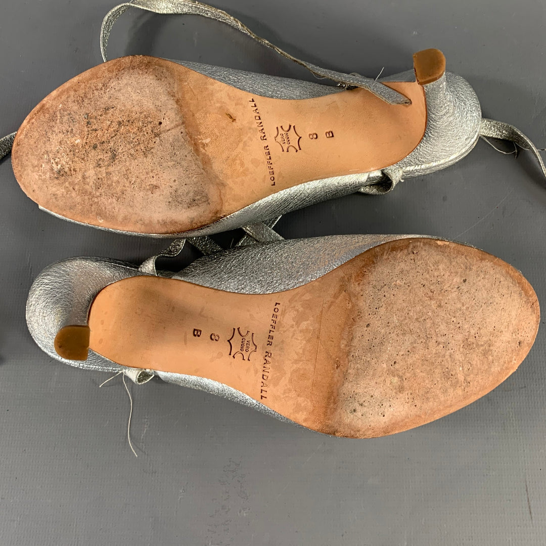 LOEFFLER RANDALL Size 8 Metallic Silver Crinkled Leather Ankle Strap Pumps