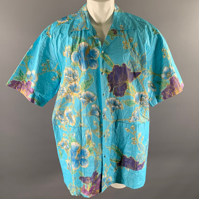 GUCCI Size S Blue Floral Polyethylene Oversized Camp Short Sleeve Shirt