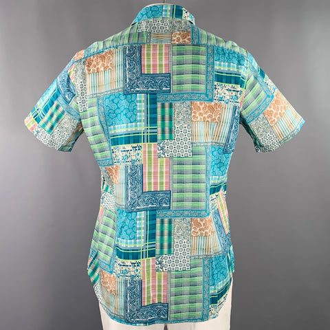 ETRO Size XL Blue Green Patchwork Paisley Cotton One Pocket Short Sleeve Shirt