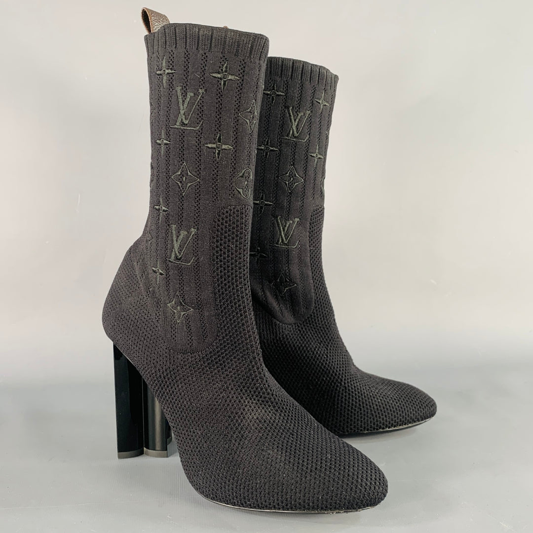 LOUIS VUITTON Size Black Nylon Knit Monogram Chunky Heel Sock
