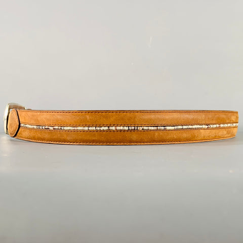 VINTAGE Size 38 Brown White Beaded Leather Belt