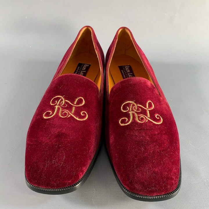 RALPH LAUREN Size 9.5 Burgundy Velvet Monogram Slip On Flats