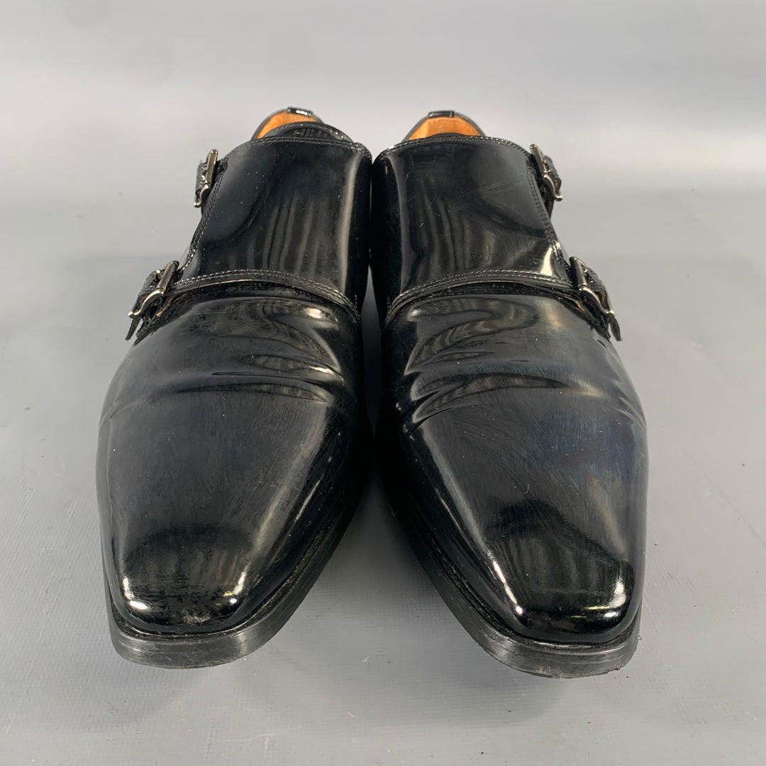 MAGNANNI Size 10 Black Shimmery Patent Leather Monk Strap Loafers