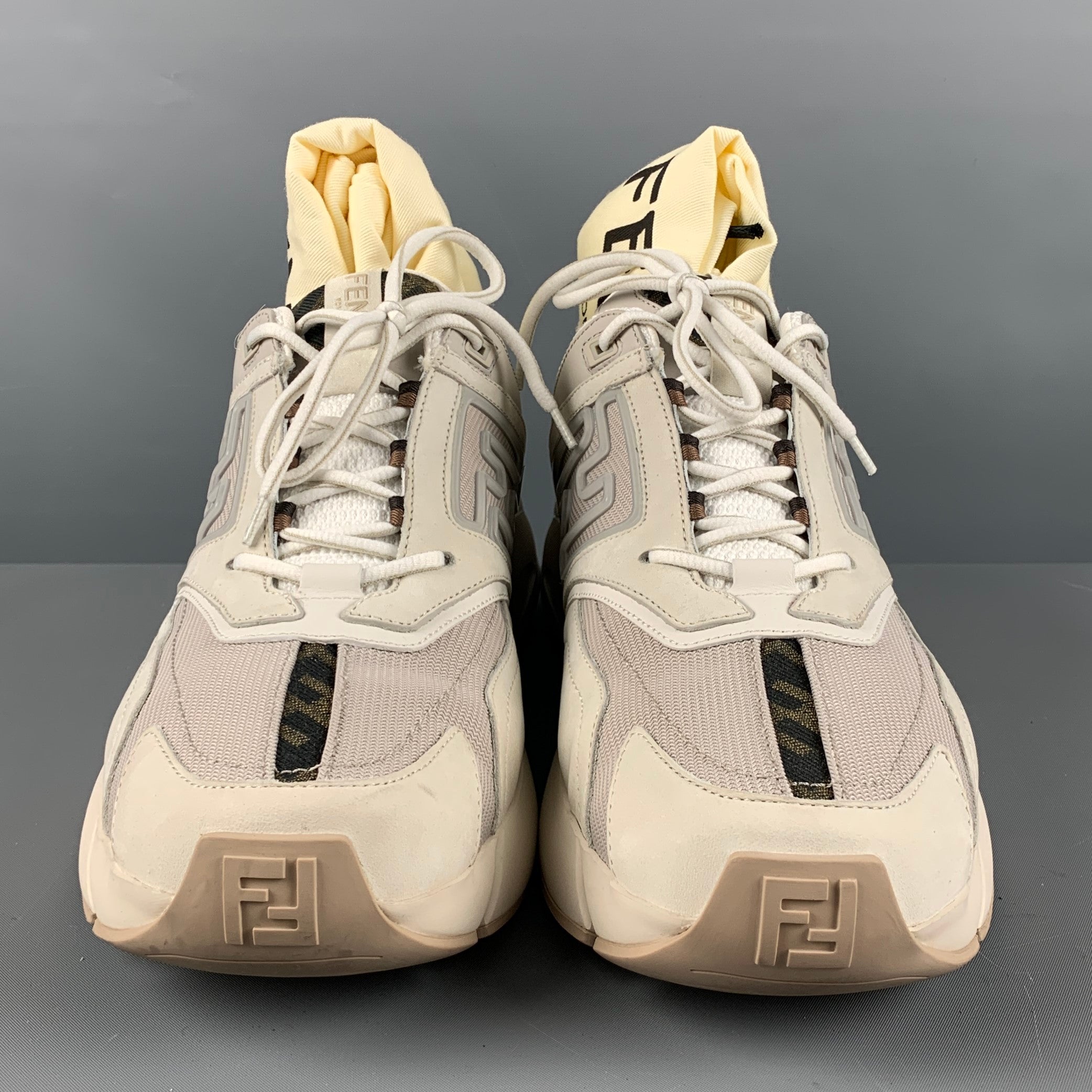 FENDI Size 12 Grey White Mixed Materials Lace Up Sneakers Sui Generis Designer Consignment