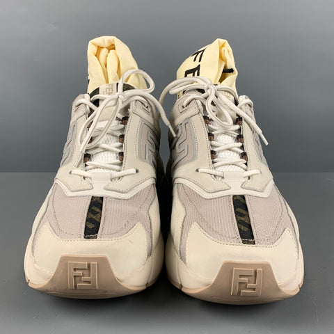 FENDI Size 12 Grey White Mixed Materials Lace Up Sneakers