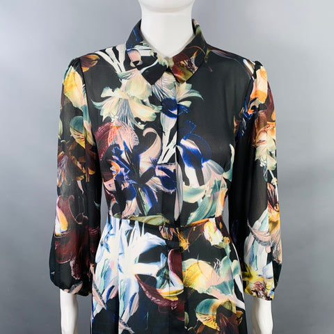 CATHERINE MALANDRINO Size M Black Multi Color Polyester Floral 3/4 Sleeves Shirt Dress
