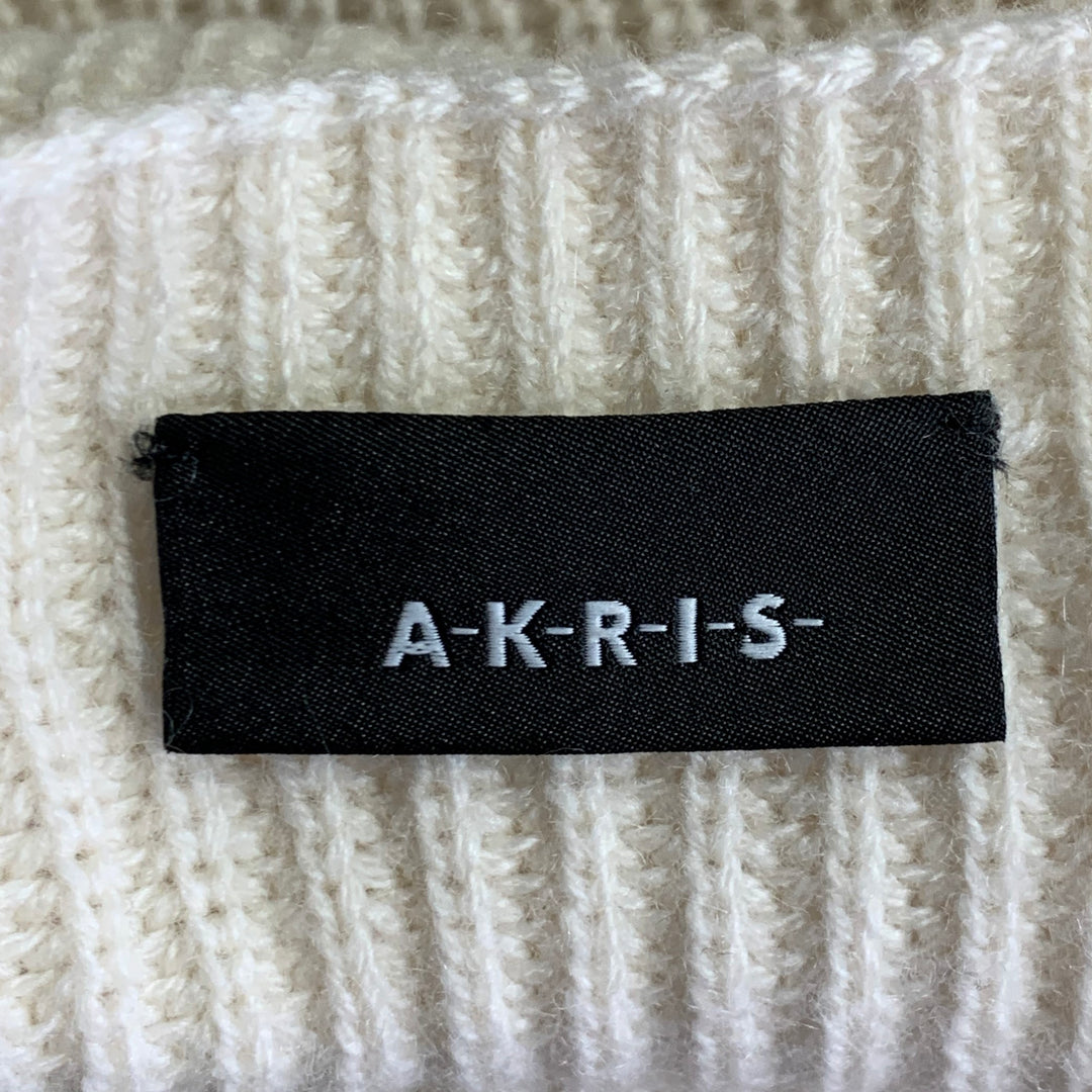 AKRIS Size 14 Off White Cashmere Rib Knit Zippers Crew Neck Sweater