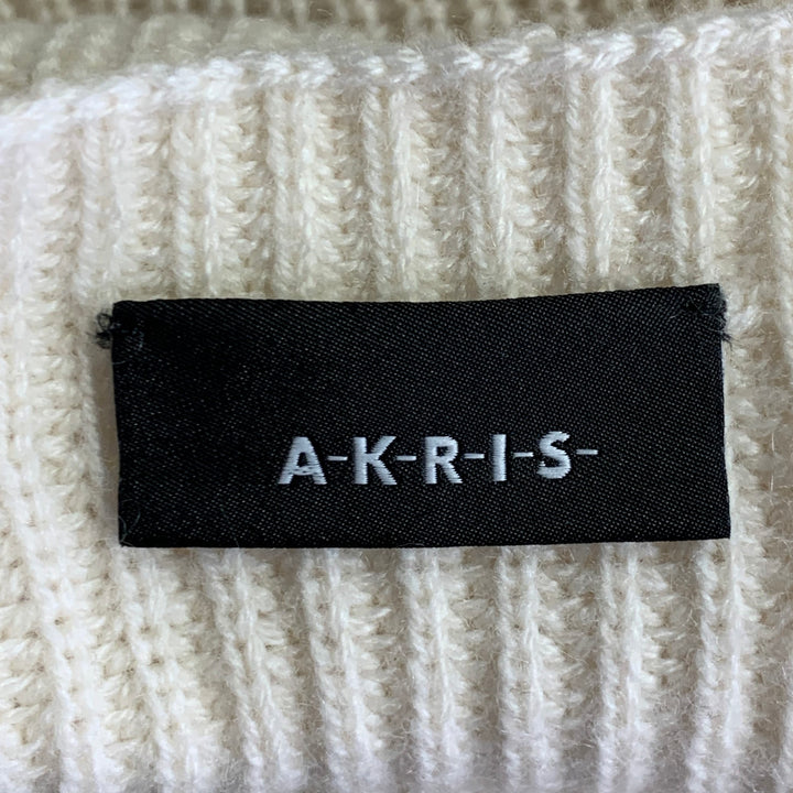 AKRIS Size 14 Off White Cashmere Rib Knit Zippers Crew Neck Sweater