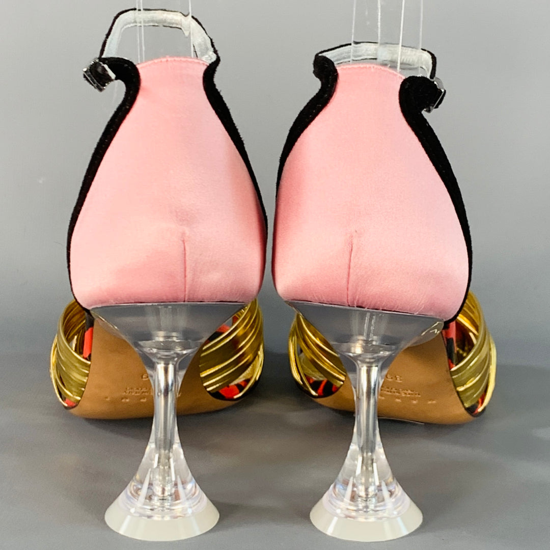 MARNI Size 9 Gold Pink Satin Leather Ankle Strap Stiletto Heels Sandals