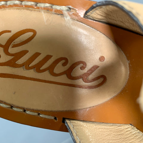GUCCI Size 8.5 Tan Brown Leather Logo Kitten Heel Sandals