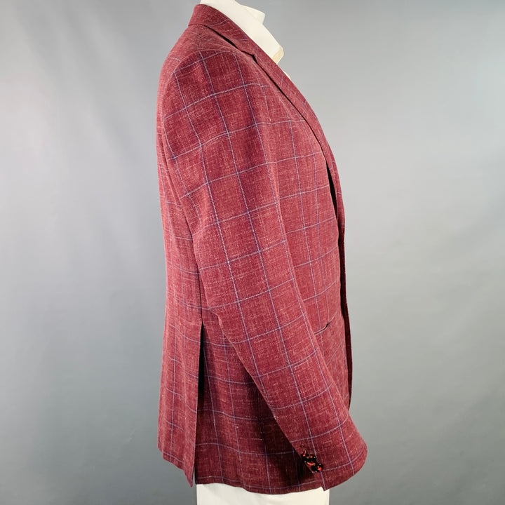 SARTORIO Size 44 Regular Burgundy Windowpane Wool Linen Silk Sport Coat