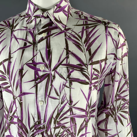 BRIONI Size L White Purple Brown Bamboo Linen Long Sleeve Shirt
