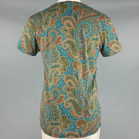 ETRO Size S Blue Orange Paisley Cotton Crew Neck T-shirt