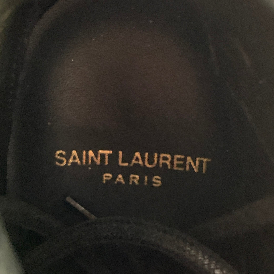 SAINT LAURENT Size 6.5 Black Studded Leather Lace-Up Belted Boots