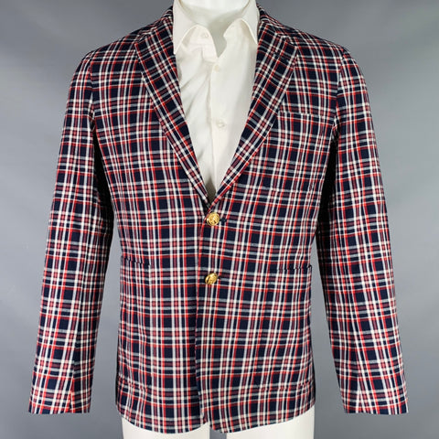MAISON KITSUNE Size 36 Navy Red White Plaid Cotton Sport Coat