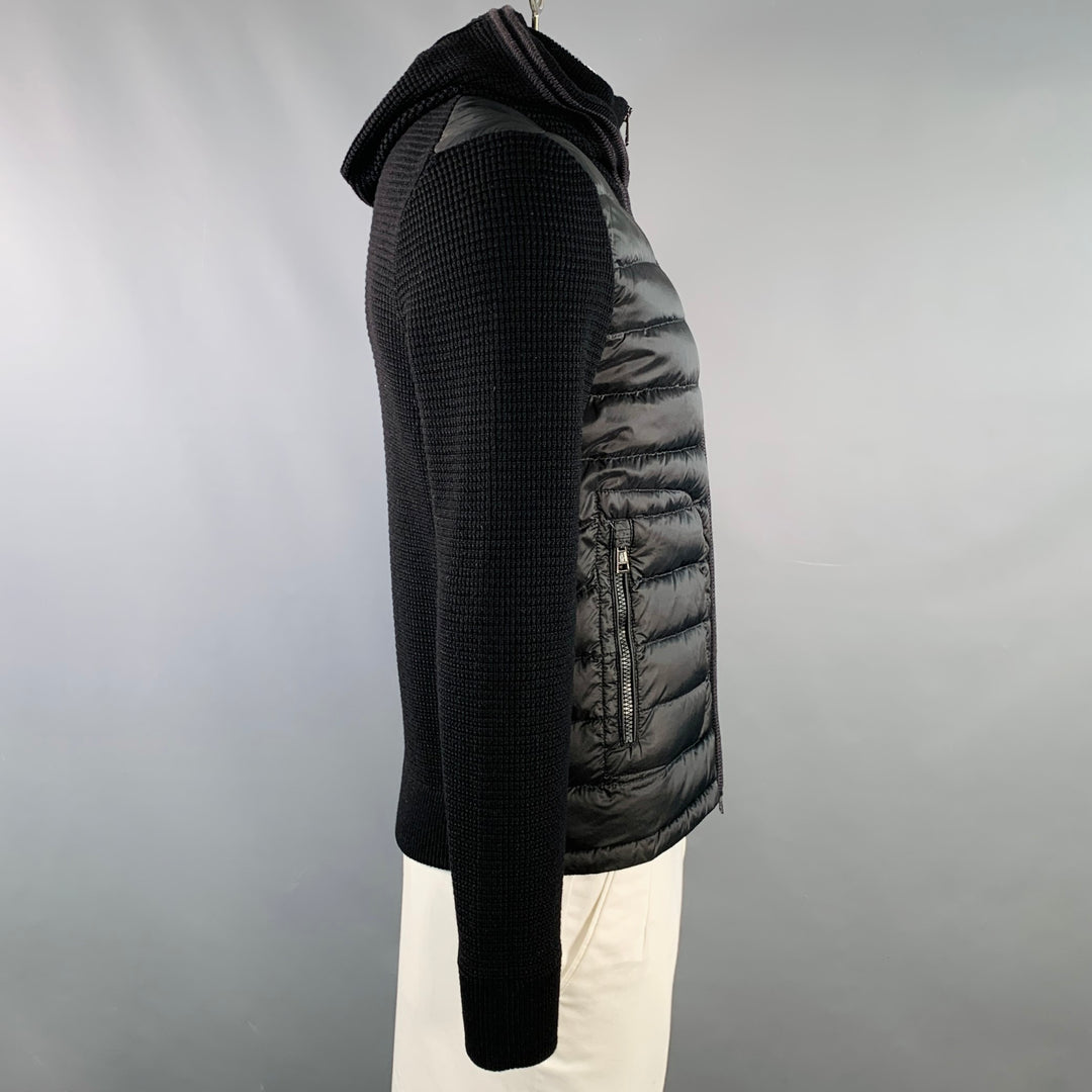 MONCLER 2014 Size L Black Quilted Polyamide Virgin Wool Hooded Zip Up Cardigan