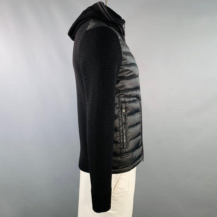 MONCLER 2014 Size L Black Quilted Polyamide Virgin Wool Hooded Zip Up Cardigan