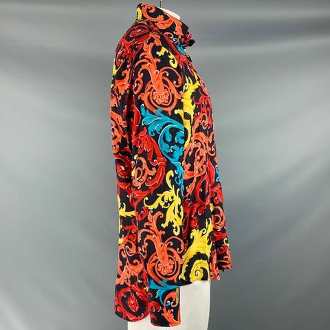BILLIONAIRE COUTURE Size XL Black Multi Color Print Silk Long Sleeve Shirt
