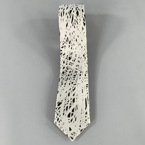 BALENCIAGA Silver Black Abstract Lines Silk Tie