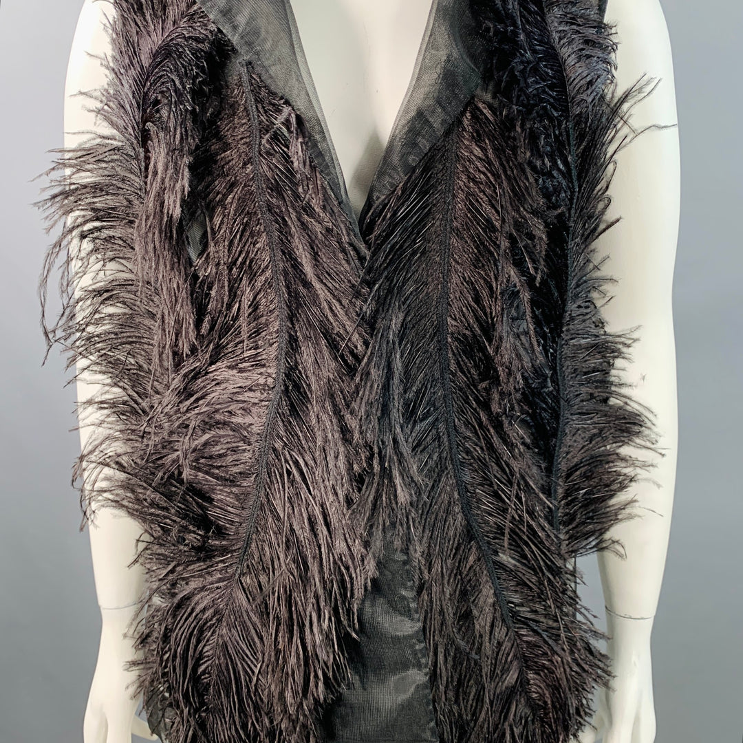 VERA WANG Size L Black Mesh Ostrich Feathers Snaps Vest