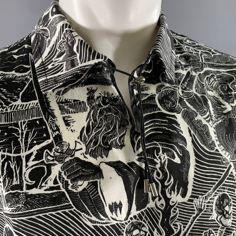 BORAMY VIGUIER Size L Black White Print Cotton Camp Polo
