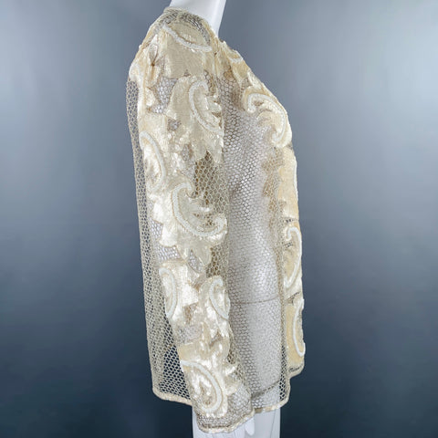VINTAGE Size M Cream Silver Mesh Beaded Sequins Open Front Jacket