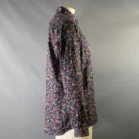 ETRO Size XL Navy Floral Cotton Button Down Long Sleeve Shirt