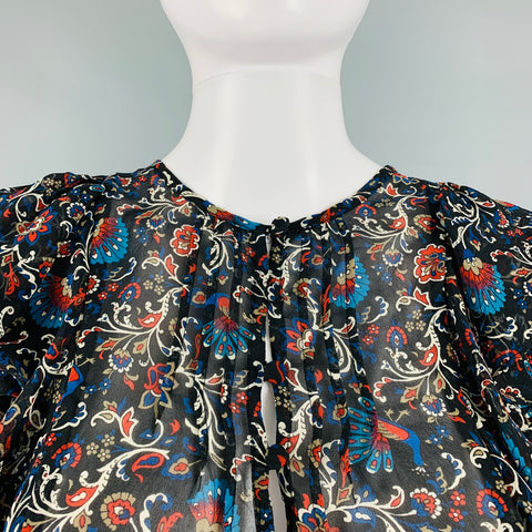 VERONICA BEARD Talla 8 Blusa con volantes y estampado de seda multicolor negro