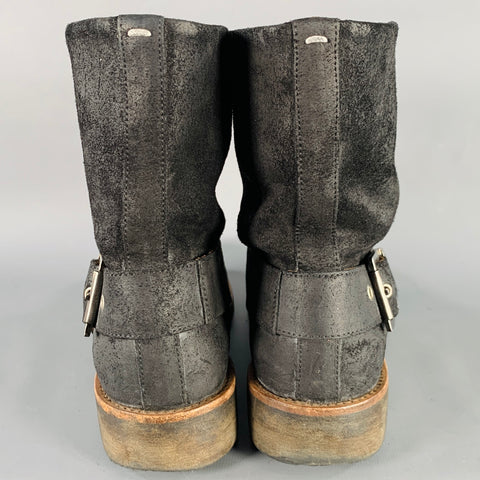 MAISON MARTIN MARGIELA Size 8 Black Distressed Roughout Leather Buckle Ankle Boots